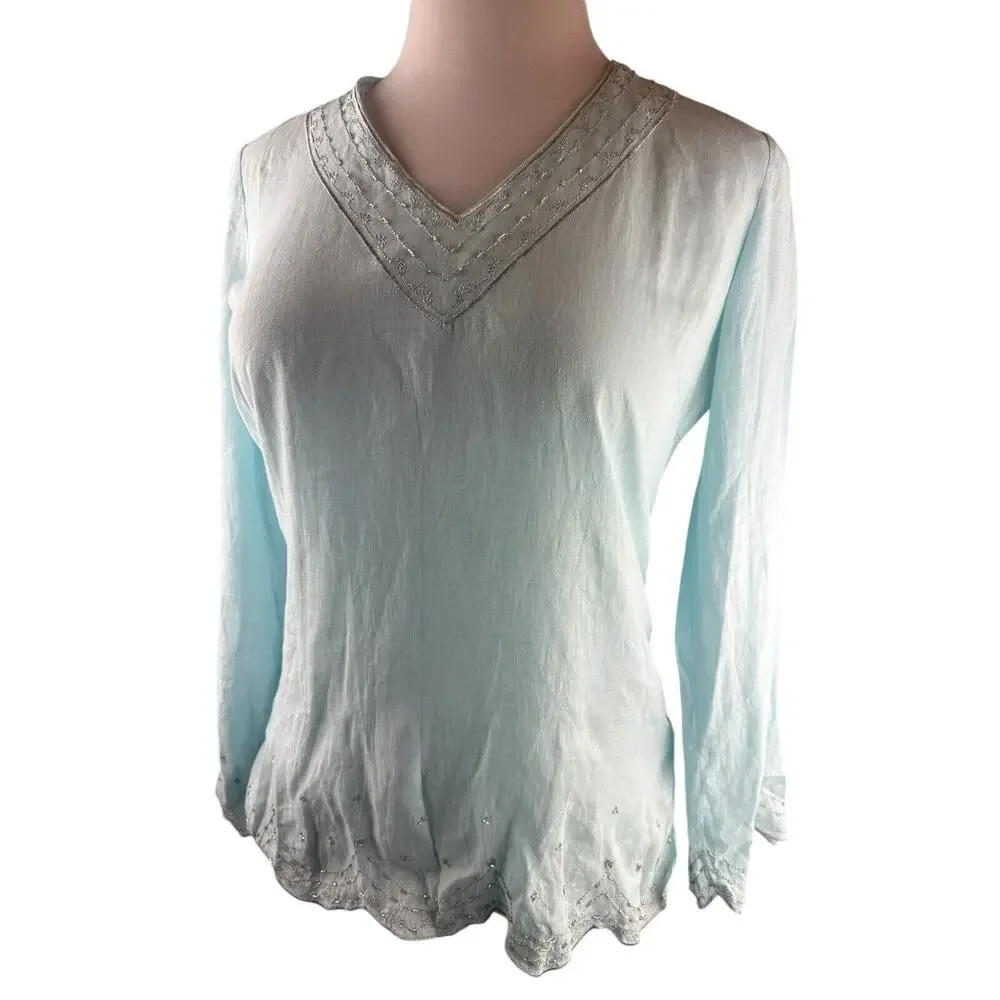 ✨2/$20 Flawed Lilly Pulitzer Linen Beaded Blouse Light Blue Top Small H11153 - Picture 9 of 16